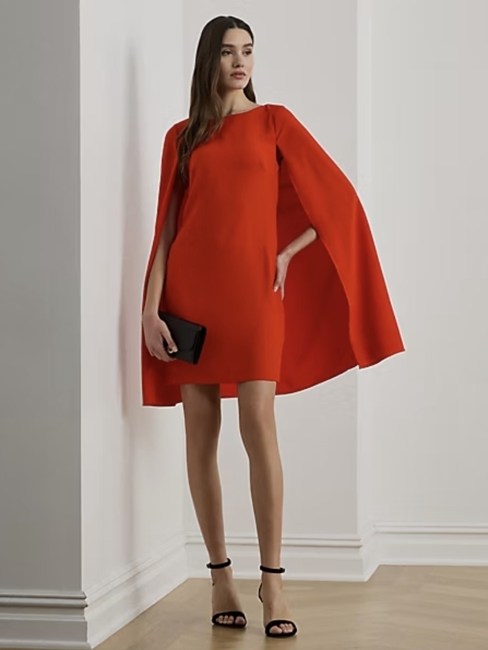 Ralph Lauren Cape Georgette Cocktail Dress Red